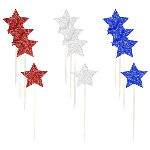 Cupcake-Topper mit Glitzerstern, Unabhängigkeitstag, kleine Cupcake-Aufsätze zum 4. Juli, blau, rot, silber, Cupcake-Pick, amerikanischer Nationalfeiertag, Kuchendekoration, 36 Stück von FSSTUD