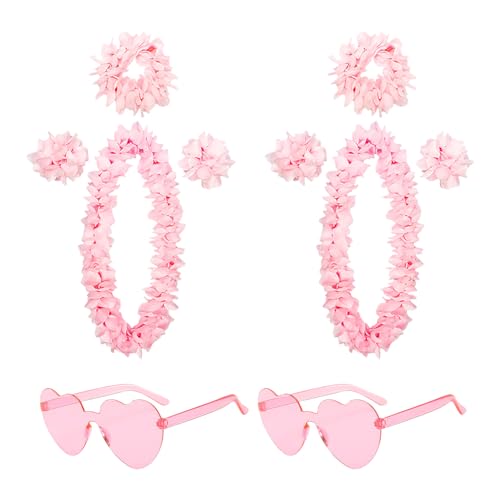 FSSTUD 2 Sets hawaiianische Party-Girlanden Blumengirlande, Halsketten, Hawaii-Lei-Halsketten, Geburtstag, hawaiianische Leis und 2 Stück rosa Liebesherzen-Sonnenbrille, randlose transparente von FSSTUD