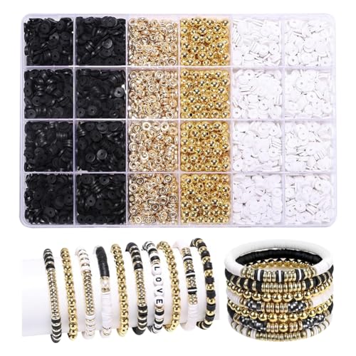 FSSTUD 24 Gitter Tonperlen-Armband-Set, rundes Polymerperlen-Set, Freundschaftsarmband-Bastelset, bunte, flache Perlen, goldene Abstandshalter-Perlen für DIY-Schmuckherstellung, Schwarz / Weiß / Gold von FSSTUD