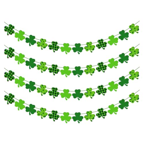 FSSTUD 4 Stück St. Patrick's Day Banner Glücksklee Girlande Grün Büffel Plaid Banner Kleeblatt Hängende Schnur Banner Vorbespannt Irische Banner Dekorative Party Girlande Zubehör für Kamin Wand von FSSTUD