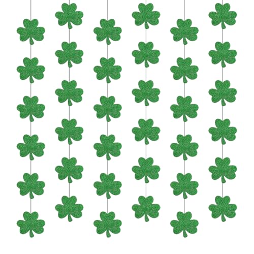 FSSTUD 6 Stränge St. Patrick's Day Kleeblatt Hängende Schnur Glitzer Kleeblatt Girlande Irische Party Streamer Grün Glücksklee Girlande Ornamente Kleeblatt Wimpelkette Banner Hintergrund von FSSTUD