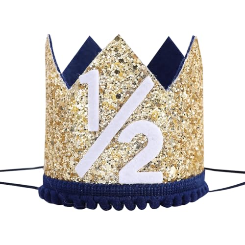 FSSTUD Halber Geburtstag Party Krone Stirnband Glitzer Happy Birthday Sechs Monate Hut Kinder Prinz Prinzessin Krone Baby Shower Kostüm Kopfbedeckung mit Gummiband für Zuhause Blau von FSSTUD