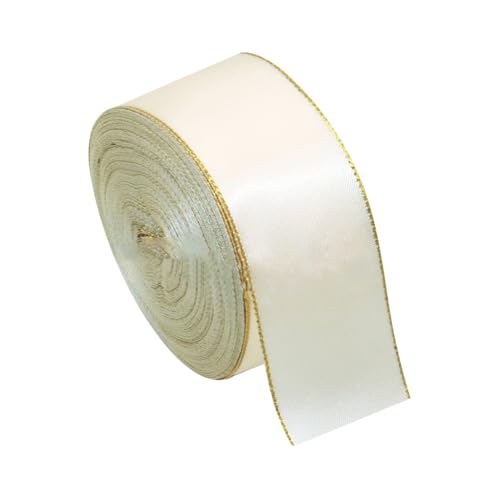 Satinband mit goldenem Rand, Geschenkband, Bastelstoff, Nähband, Haarschleife, Blumenstrauß, Umschlag, Einladungsband für Bastelarbeiten, cremeweiß, 20 Meter von FSSTUD