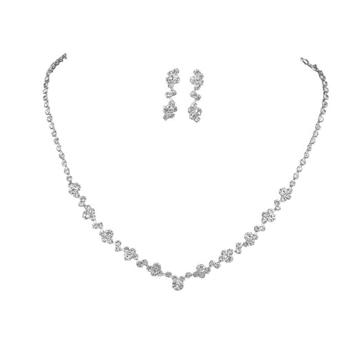 Brautschmuck-Set Silber glitzernde Strasssteine Halskette und Ohrringe Set Kristall baumeln Tropfen Ohrringe Halskette Schmuckset für Frauen und Mädchen, Edelstein Silber, Strass, Perlen von FSYXK