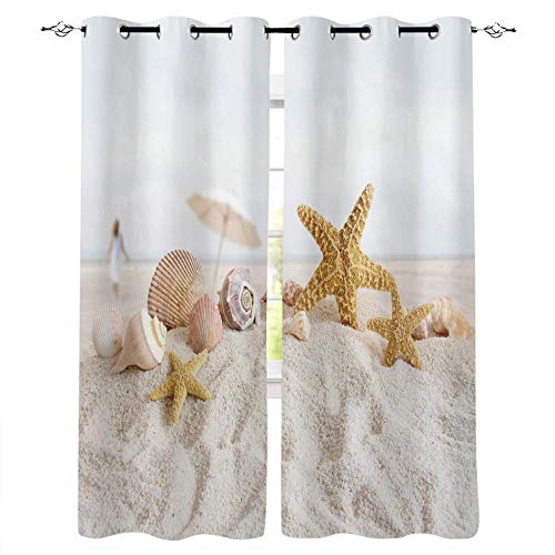 FTCAKET Gardine Mit Ösen Strand Gardine Schlafzimmer Modern Seesterne Muscheln Mit Ösen 2Er Set Vorhänge Für Wohnkultur Kinderzimmer Modern 180x200 cm ( Breite x Höhe) von FTCAKET