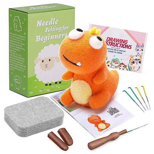 FTEVEN Nadelfilz-Set - Dinosaurier, Nadelfilz-Set für Anfänger und Erwachsene, Tierfilz-Set enthält Filznadeln, Filzwolle, Filzunterlage und Anleitung (Orange Tyrannosaurus Rex Lala) von FTEVEN