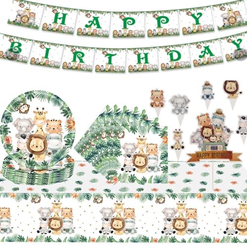 FTXanty Dschungel Safari Partygeschirr Set Einweggeschirr 78 Stück Papier Teller Servietten Torte Fahnen Dschungel Tischdecke Sicherheitsmaterial Babyparty Deko Junge Geburtstagsfeier Weihnachten von FTXanty