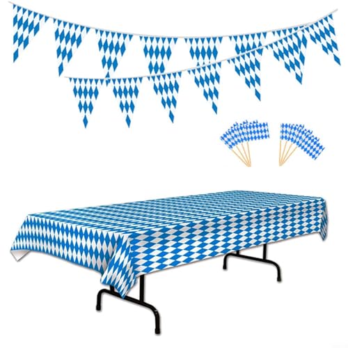 Blaue Oktoberfest Tischdecke mit Luftschlangen Banner und Zahnstocherflaggen von FUANA