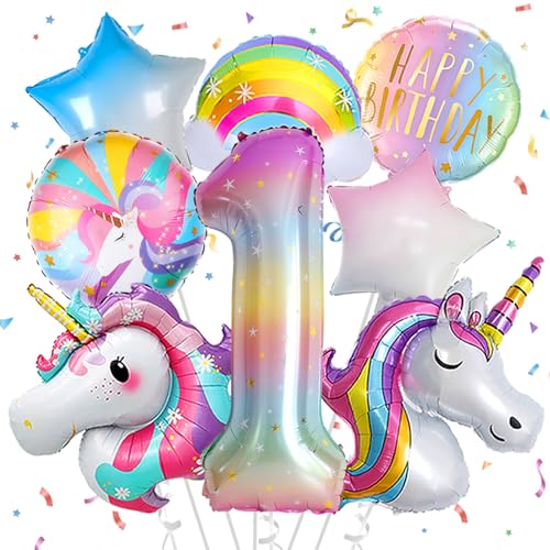 Deko 1. Geburtstag Mädchen,Einhorn Geburtstagsdeko 1 Jahr,Einhorn Luftballons 1. Geburtstag, Zahl 1 Folienballon Einhorn Party Deko,Einhorn Deko kindergeburtstag 1 jahr von FUBABCO