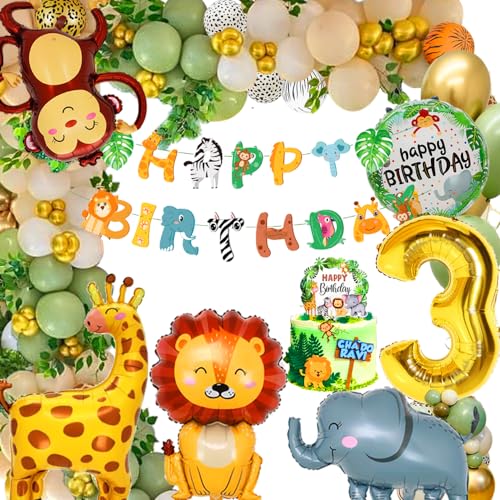 Deko 3. Geburtstag, Geburtstagsdeko 3 Jahr Junge Mädchen, Dschungel Kindergeburtstag Deko, Luftballons 3. Geburtstag, Waldtiere Geburtstag Deko, Safari Geburtstagsdeko 3 Jahr von FUBABCO
