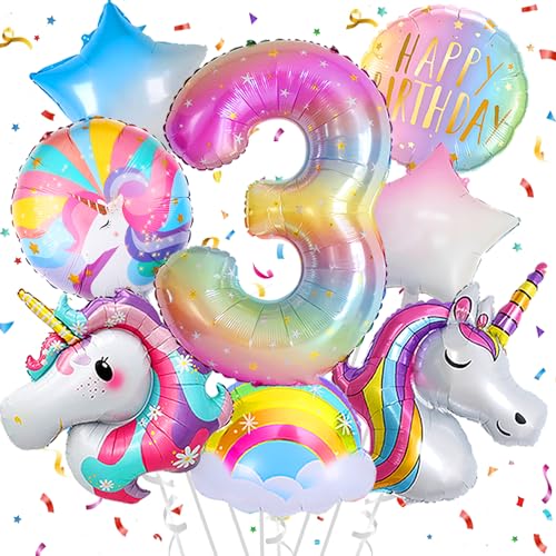 Deko 3. Geburtstag Mädchen,Einhorn Geburtstagsdeko 3 Jahr,Einhorn Luftballons 3. Geburtstag, Zahl 3 Folienballon Einhorn Party Deko,Einhorn Deko kindergeburtstag 3 jahr von FUBABCO