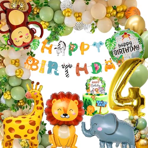 Deko 4. Geburtstag, Geburtstagsdeko 4 Jahr Junge Mädchen, Dschungel Kindergeburtstag Deko, Luftballons 4. Geburtstag, Waldtiere Geburtstag Deko, Safari Geburtstagsdeko 4 Jahr von FUBABCO
