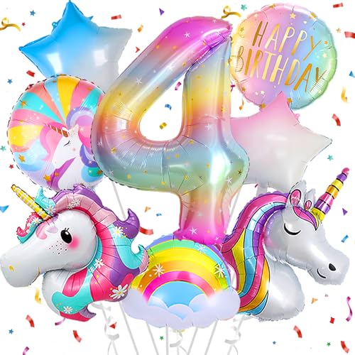 Deko 4. Geburtstag Mädchen,Einhorn Geburtstagsdeko 4 Jahr,Einhorn Luftballons 4. Geburtstag, Zahl 4 Folienballon Einhorn Party Deko,Einhorn Deko kindergeburtstag 4 jahr von FUBABCO