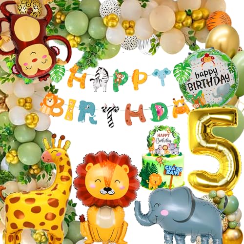 Deko 5. Geburtstag, Geburtstagsdeko 5 Jahr Junge Mädchen, Dschungel Kindergeburtstag Deko, Luftballons 5. Geburtstag, Waldtiere Geburtstag Deko, Safari Geburtstagsdeko 5 Jahr von FUBABCO