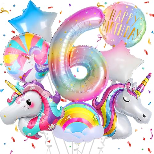 Deko 6. Geburtstag Mädchen,Einhorn Geburtstagsdeko 6 Jahr,Einhorn Luftballons 6. Geburtstag, Zahl 6 Folienballon Einhorn Party Deko,Einhorn Deko kindergeburtstag 6 jahr von FUBABCO