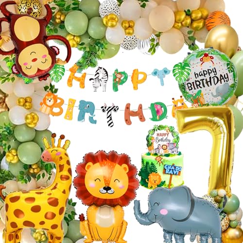 Deko 7. Geburtstag, Geburtstagsdeko 7 Jahr Junge Mädchen, Dschungel Kindergeburtstag Deko, Luftballons 7. Geburtstag, Waldtiere Geburtstag Deko, Safari Geburtstagsdeko 7 Jahr von FUBABCO