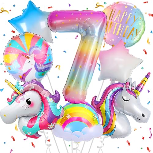 Deko 7. Geburtstag Mädchen,Einhorn Geburtstagsdeko 7 Jahr,Einhorn Luftballons 7. Geburtstag, Zahl 7 Folienballon Einhorn Party Deko,Einhorn Deko kindergeburtstag 7 jahr von FUBABCO