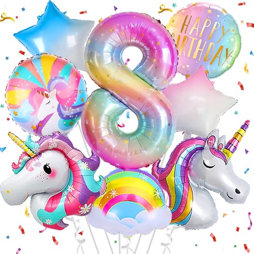 Deko 8. Geburtstag Mädchen,Einhorn Geburtstagsdeko 8 Jahr,Einhorn Luftballons 8. Geburtstag, Zahl 8 Folienballon Einhorn Party Deko,Einhorn Deko kindergeburtstag 8 jahr von FUBABCO