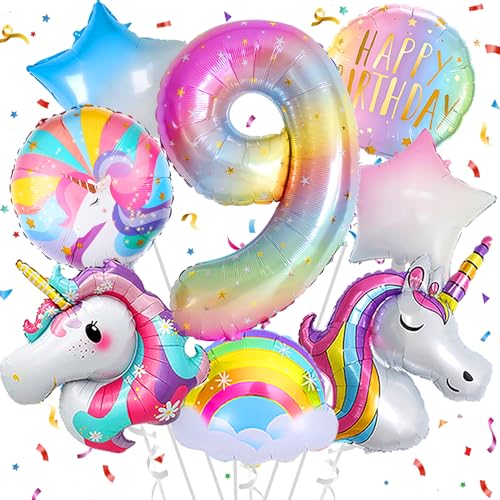 Deko 9. Geburtstag Mädchen,Einhorn Geburtstagsdeko 9 Jahr,Einhorn Luftballons 9. Geburtstag, Zahl 9 Folienballon Einhorn Party Deko,Einhorn Deko kindergeburtstag 9 jahr von FUBABCO