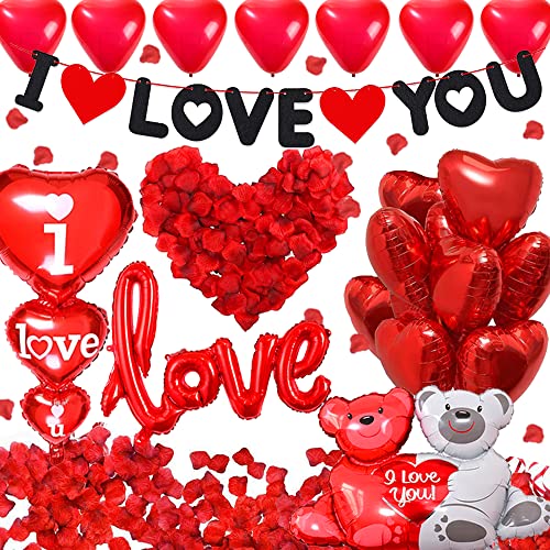 Valentinstag Dekoration,Valentinstag Deko Set mit I LOVE YOU Banner und Folienballons LOVE Luftballons Red Herz Valentinstag Luftballons 1000 Rosenblüten für Valentinstag Hochzeit Verlobung Dekoration von FUBABCO