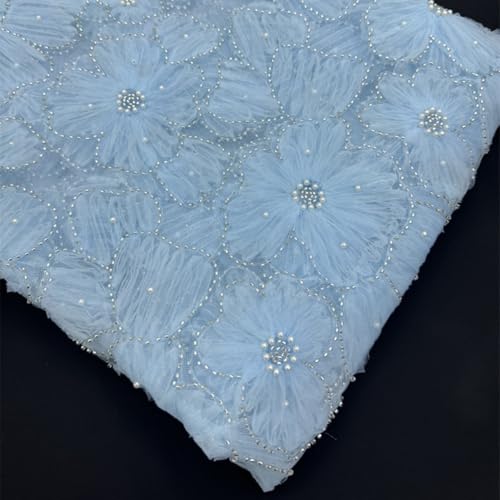 Spitzenstoff mit auffälligem 3D-Blumen-Design und schillernden silbernen Perlen, ideal für Brautkleidung (blau) von FUBESK