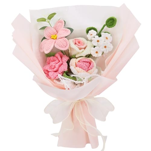 Häkelblumen, fertiger Blumenstrauß, gehäkelt, Baumwollfaden-Blumen, handgefertigte Häkelrose, Tulpe, Farnblatt, als Geschenk für Liebhaber, Freunde, künstliche Blume (Hellrosa) von FUCAN