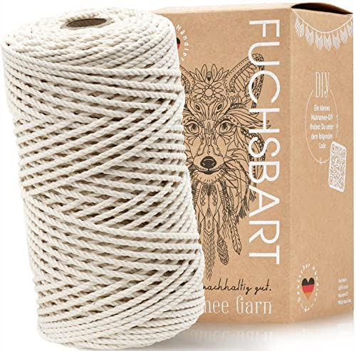 FUCHSBART® Makramee Garn Premium 3mm x 100m Naturell plastikfrei 100% Baumwollgarn | DIY Basteln Handwerk | kostenloser Videokurs | Makrame Macrame Macramé Makrameegarn von FUCHSBART