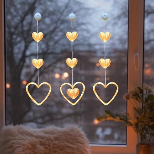 3 Stück LED Lichterkette Fenster mit Saugnäpfe, Herze Lichterkette Fenster Deko, LED Herze Lichterkette zum Aufhängen Warmweiß Herz Lichter Fensterbeleuchtung für Valentinstag Ostern Ramadan Deko (A) von FUFRE