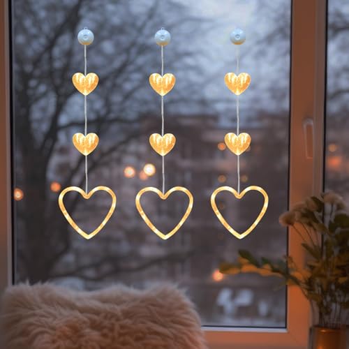 3 Stück LED Lichterkette Fenster mit Saugnäpfe, Herze Lichterkette Fenster Deko, LED Herze Lichterkette zum Aufhängen Warmweiß Herz Lichter Fensterbeleuchtung für Valentinstag Ostern Ramadan Deko (C) von FUFRE