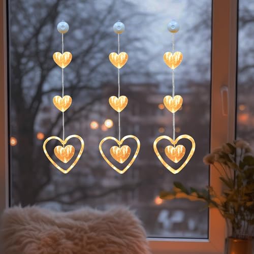 3 Stück LED Lichterkette Fenster mit Saugnäpfe, Herze Lichterkette Fenster Deko, LED Herze Lichterkette zum Aufhängen Warmweiß Herz Lichter Fensterbeleuchtung für Valentinstag Ostern Ramadan Deko (D) von FUFRE