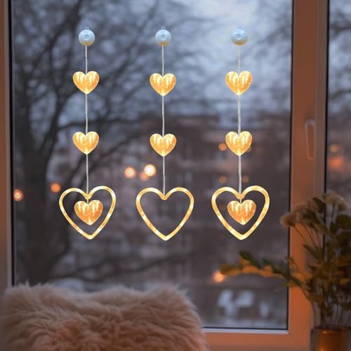 3 Stück LED Lichterkette Fenster mit Saugnäpfe, Herze Lichterkette Fenster Deko, LED Herze Lichterkette zum Aufhängen Warmweiß Herz Lichter Fensterbeleuchtung für Valentinstag Ostern Ramadan Deko (B) von FUFRE