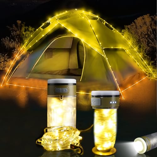 Camping Lichterkette Aufrollbar, Campinglampe mit 10M LED Lichterkette, Wasserdichte Tragbare Verstaubare Lichterkette, USB Wiederaufladbare Ausziehbare Lichterkette Camping für Außen von FUFRE
