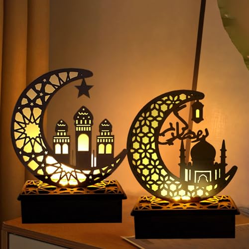 FUFRE 2 Stück Ramadan Deko Laterne, Ramadan Dekoration Crescent Mond-Stern-Lichter Muslim Islam Eid Ramadan Festival Dekorationen Halbmond Nachtlicht Für Partys, Zu Hause Und Als Geschenk (2PCS-A) von FUFRE