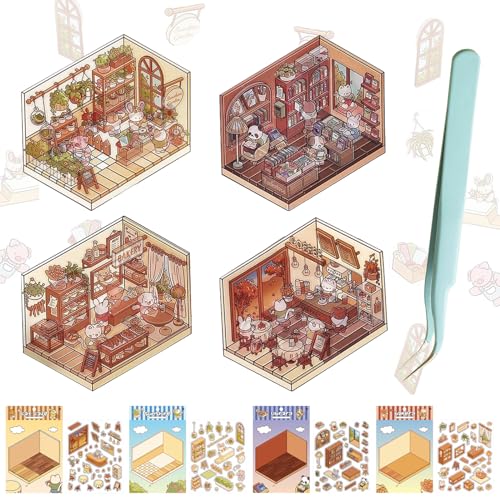 FUFRE 3D Sticker Set für Kinder, 8 Sets A+B, Miniaturlandschaft, No-Cut, Visuelles 3D-Stapeln, Kommt mit Pinzette, 3+ Jahre, 4 Serien Sticker Set + Pinzette von FUFRE