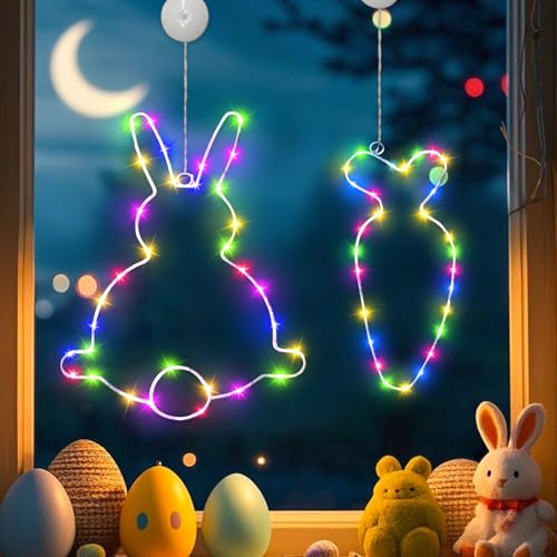 FUFRE Osterdeko LED Fenster Licht, 2er Set Lichterkette Ostern Deko mit Timer/Saugnapf, Osterdeko LED Osterbeleuchtung Batteriebetrieben, wasserdicht Beleuchtete Fensterdeko, für Ostern Deko (B) von FUFRE