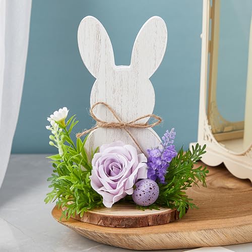 FUFRE Osterdeko Osterhase Figuren mit Blumen, Osterdeko Modern Holzfiguren Hase, Frühlingsdeko Holz Hase Blumen Aufsteller, Osterdekoration Holzhasen mit Schleife, Ostern Frühling Tischdeko (B) von FUFRE