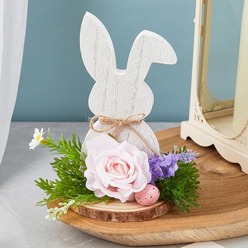 FUFRE Osterdeko Osterhase Figuren mit Blumen, Osterdeko Modern Holzfiguren Hase, Frühlingsdeko Holz Hase Blumen Aufsteller, Osterdekoration Holzhasen mit Schleife, Ostern Frühling Tischdeko (C) von FUFRE