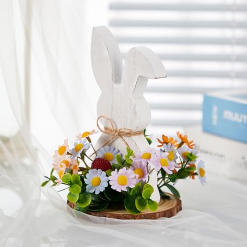 FUFRE Osterdeko Osterhase Figuren mit Blumen, Osterdeko Modern Holzfiguren Hase, Frühlingsdeko Holz Hase Blumen Aufsteller, Osterdekoration Holzhasen mit Schleife, Ostern Frühling Tischdeko (E) von FUFRE