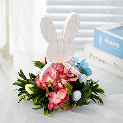 FUFRE Osterdeko Osterhase Figuren mit Blumen, Osterdeko Modern Holzfiguren Hase, Frühlingsdeko Holz Hase Blumen Aufsteller, Osterdekoration Holzhasen mit Schleife, Ostern Frühling Tischdeko (F) von FUFRE