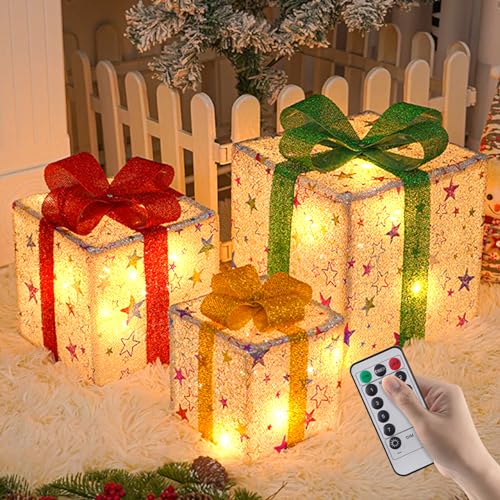 FUFRE Weihnachtsdeko Geschenkbox 3er Set LED Geschenkboxen mit Timer, Fernbedienung, 8 Lichtmodi, Beleuchte Weihnachtenbox Weihnachtsbaum Fensterdeko Weihnachtsbeleuchtung Weihnachten Deko (Stern) von FUFRE