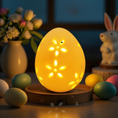 Ostereier Deko, LED Ostereier Keramik Lichter, Deko Eier Ostern Nachlicht Warm/Buntes Leuchtend, Osterdeko mit Hohlmuster, Ostern Deko, Osterdeko Modern, Osterdeko Tisch, für Oster Fest Deko (A) von FUFRE