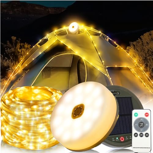 Solar Camping Lichterkette Aufrollbar Mit Fernbedienung,10M LED Campinglampe Mit Solar Und USB Angetrieben, 3600 MAh Wasserdichte Tragbare Verstaubare Lichterkette Für Den Außenbereich (Warmes Licht) von FUFRE