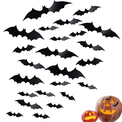 FUIPVGI 128 Stück Fledermaus Deko Halloween 3D Fledermaus Deko 4 Größen Fledermaus Aufkleber Halloween Decor Wandaufkleber Abnehmbares Fledermaus Halloween Party Supplies für Fensterdeko (Schwarz) von FUIPVGI