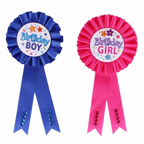 FUIPVGI 2 Stücke Geburtstag Mädchen Rosette Abzeichen Geburtstag Abzeichen Birthday Girl Abzeichen Birthday Boy Abzeichen für Kinder Mädchen Geburtstag Party Dekoration Supplies (Rot, Blau) von FUIPVGI