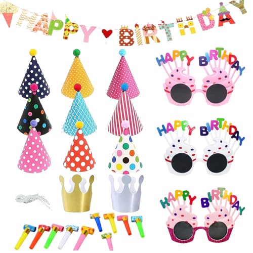 FUIPVGI 25 Stück Geburtstagsparty-Kegelhüte, Happy Birthday-Banner, Kronenhut, Partybrille, Partygebläse für Kinder und Erwachsene für Geburtstag, Weihnachtsfeier, Kinderparty (Gold) von FUIPVGI