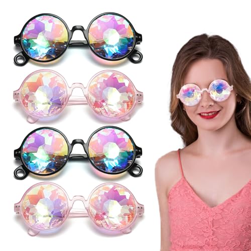 FUIPVGI 4 Stück Diffractions Party Brille mit 3D Prisma Bunt Effekt, Mode Retro Rave Party Dress up Brille, Rave Brille für Nacht Show Karneval Party Herren Damen (Schwarz, Rosa) von FUIPVGI