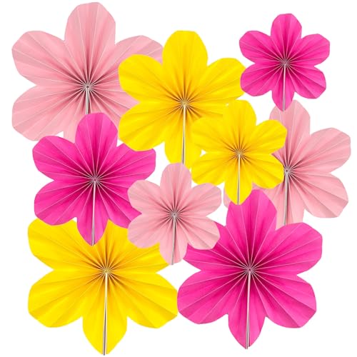 FUIPVGI 9 Stück Papier Fächer Papierfächer Dekoration Hanging Girlande Hängend Rosa Gelb Blumen Papierfächer Papier Blumen Papierfaltfächer für Geburtstag Hochzeit Baby Shower Sommer (Polychromatisch) von FUIPVGI