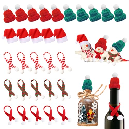 FUIPVGI Mini-Strickmützen für Weihnachten, 30 Stück, Mini-Schal, Baumschmuck, Weihnachtsmannmütze, Mütze, Flaschenverschluss, Dekoration, Mütze, Mini-Hut mit Schal für DIY, handgefertigte von FUIPVGI