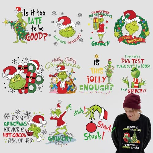 12 Blatt Weihnachtsdekorationen zum Aufbügeln auf Transfers Patches Cartoon Xmas Green Monster Bügelbilder Vinyl Heat Transfers Iron on Decals Applikationen für Kleidung T-Shirts DIY Bastelbedarf von FUKIDOG