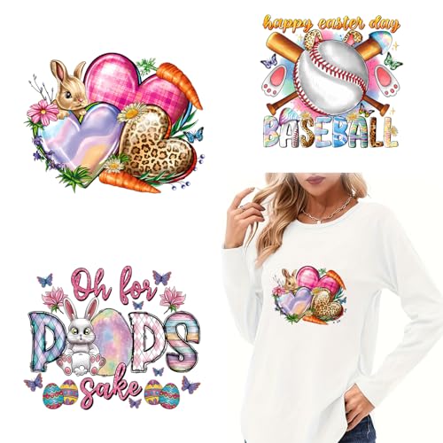 3 Stück Oster-Aufkleber zum Aufbügeln mit Herz, Osterei, Baseball-Designs, Flicken, volle Abdeckung, niedlicher Hase, zum Aufbügeln, Wärmetransfer-Vinyl für Kleidung, Tasche, DIY-Zubehör von FUKIDOG